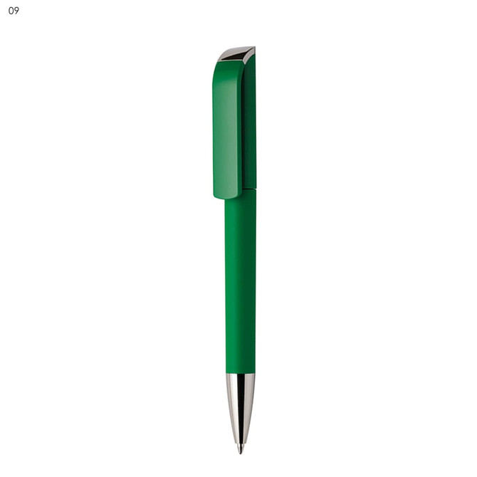 A green plastic pen with a shiny silver tip and a clip, featuring a branding logo.