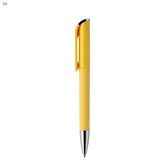 A plastic pen in bright yellow with a silver tip and a matching clip. Includes a logo.