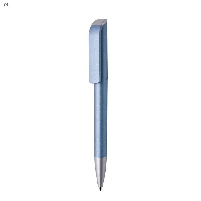 A blue plastic pen with a sleek design and a metallic silver tip. It features a clip and a branding logo.