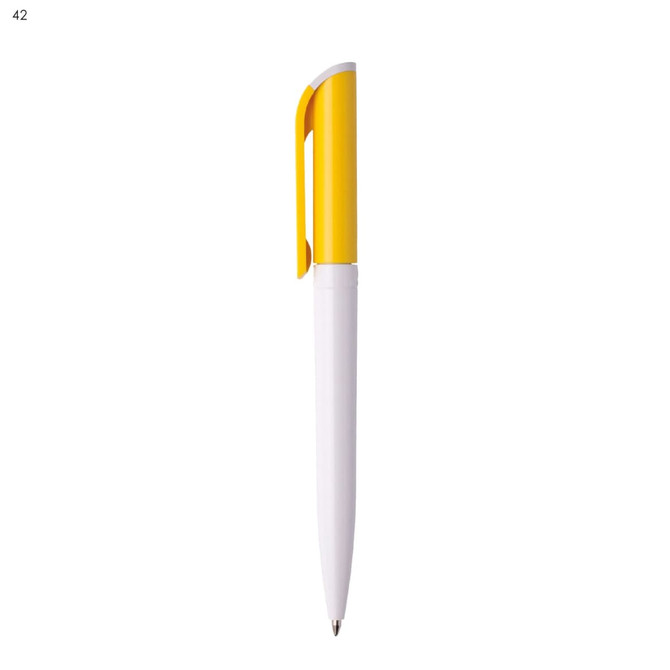 A plastic pen with a white barrel and a bright yellow cap, featuring a logo on the barrel.