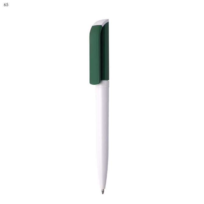 A plastic pen featuring a green clip and a white barrel, with a logo on its surface.