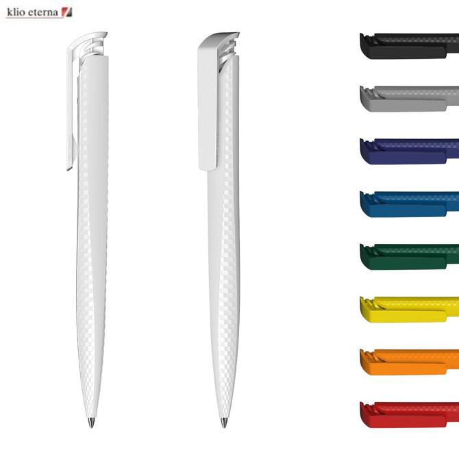A white plastic pen with a sleek design, accompanied by clips in various colours: green, blue, red, yellow, orange, and grey.