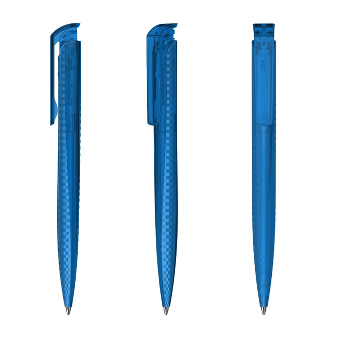 A transparent blue plastic pen with a sleek design, featuring a clip and smooth barrel. It has a branded logo.