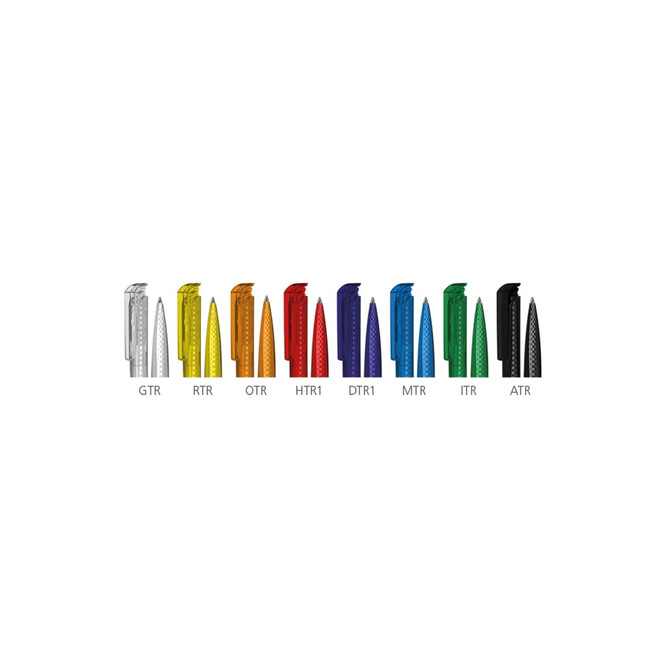 A collection of plastic pens in various colours, including silver, orange, yellow, red, purple, blue, green, and black. Each pen features a logo.