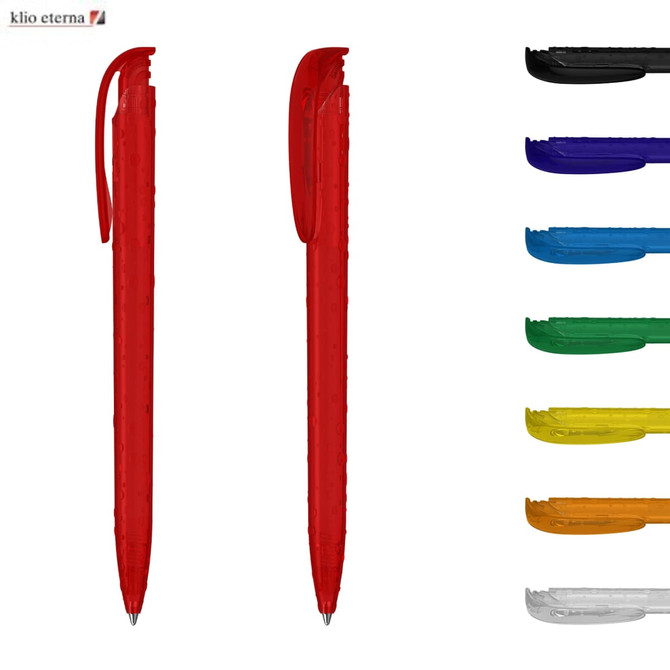 A selection of plastic pens in various colours, including red, blue, green, yellow, and black, with a logo on top.