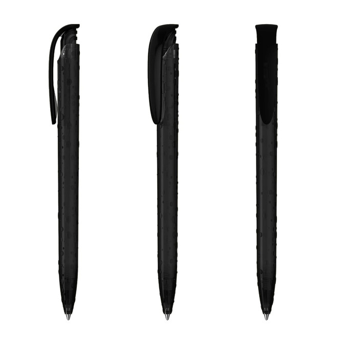 A set of three black plastic pens with translucent features and clip designs, showcasing different angles.