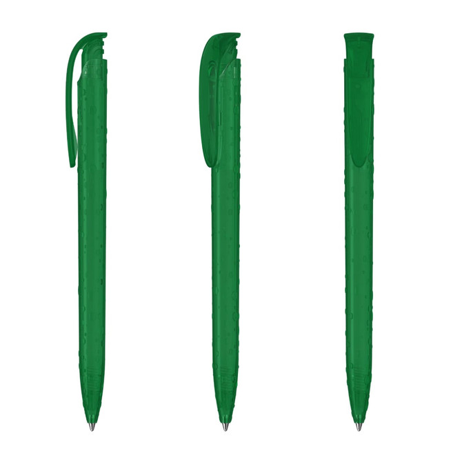 A transparent green plastic pen displayed in three positions, showcasing its design and clip feature.