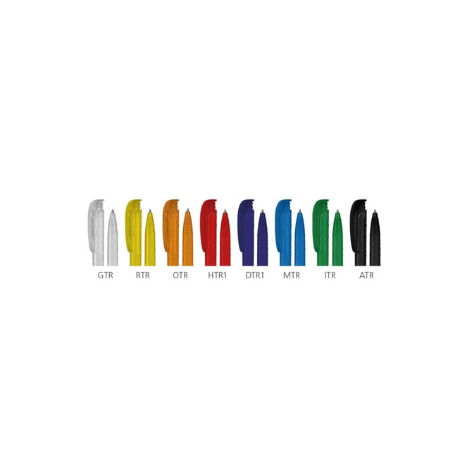 A collection of plastic pens in various colours including white, yellow, orange, red, blue, green, and black, featuring different designs.