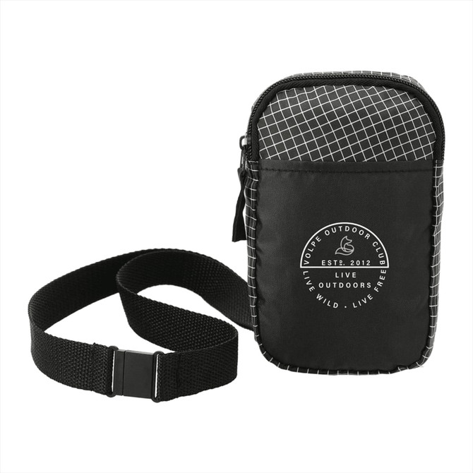 A black and white Grid Lanyard Phone Pouch with a strap, featuring a geometric design and a logo.
