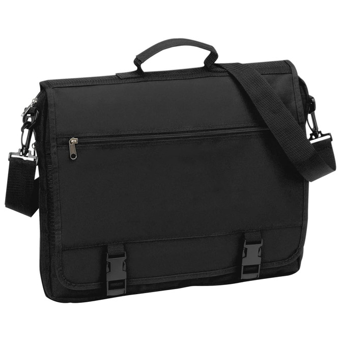 A black briefcase with a shoulder strap, front zip pocket, and two clasps for closure. It has a logo.