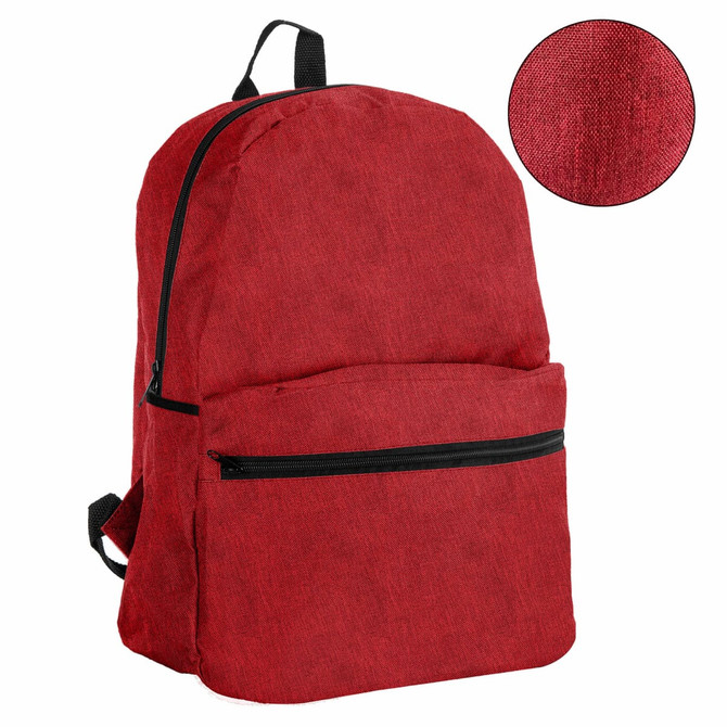 A red backpack featuring a front zip pocket and a textured fabric. It has adjustable straps and a logo.