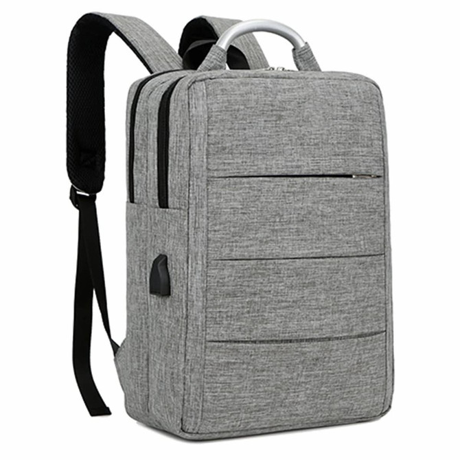A grey laptop backpack with a sleek design, featuring multiple compartments and a logo on the front.
