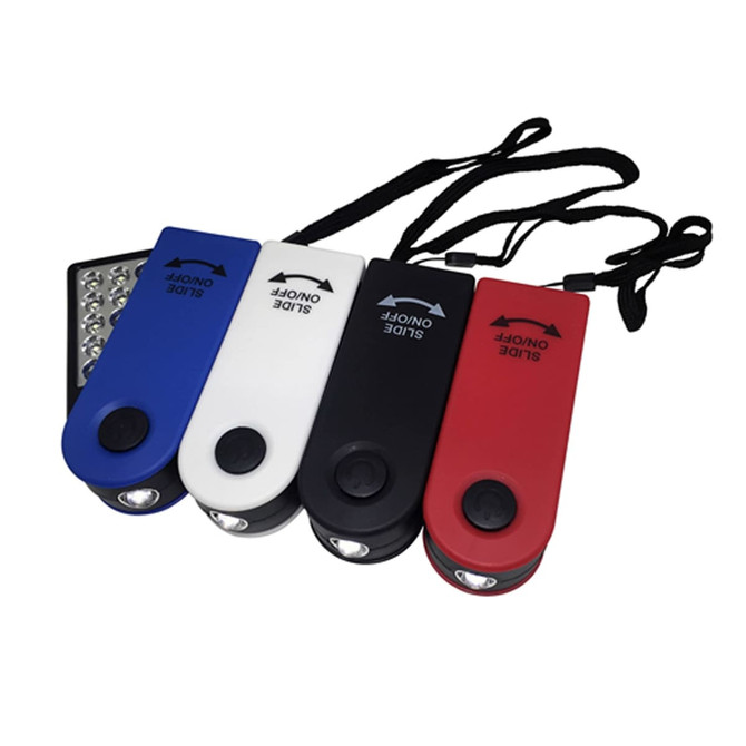 A set of four 360 Degree Torches in blue, white, red, and black, featuring a keyring attachment and a logo.