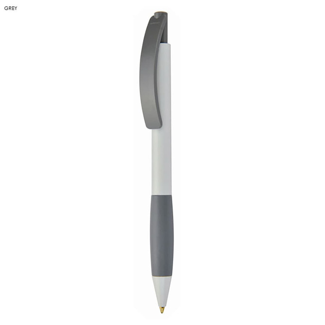 A plastic pen in grey and white, featuring a sleek design and a clip for easy attachment.