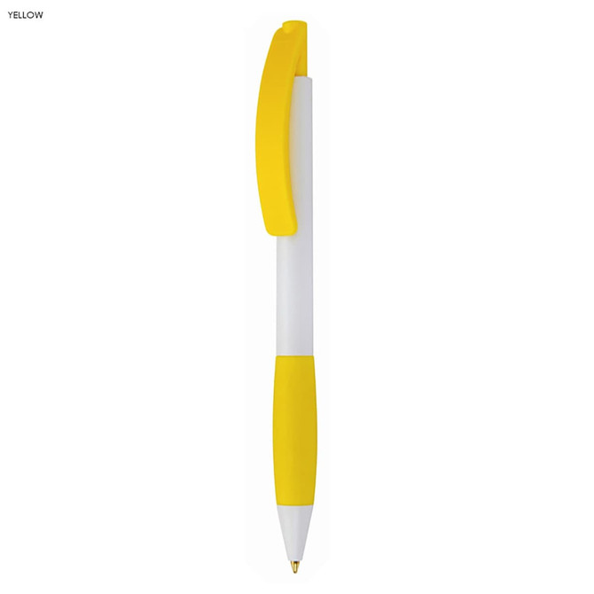 A yellow plastic pen with a white shaft and a matching yellow grip, featuring a clip on the top.