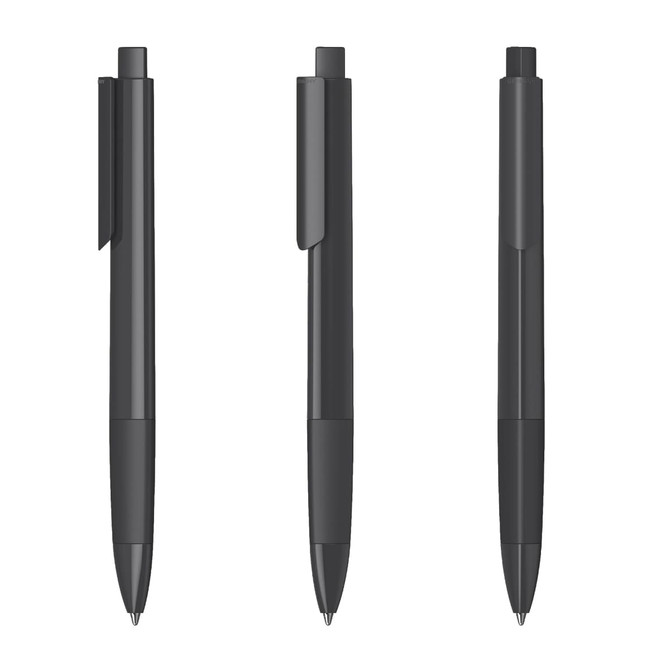 A collection of three black plastic pens with sleek, high gloss finishes and clips.