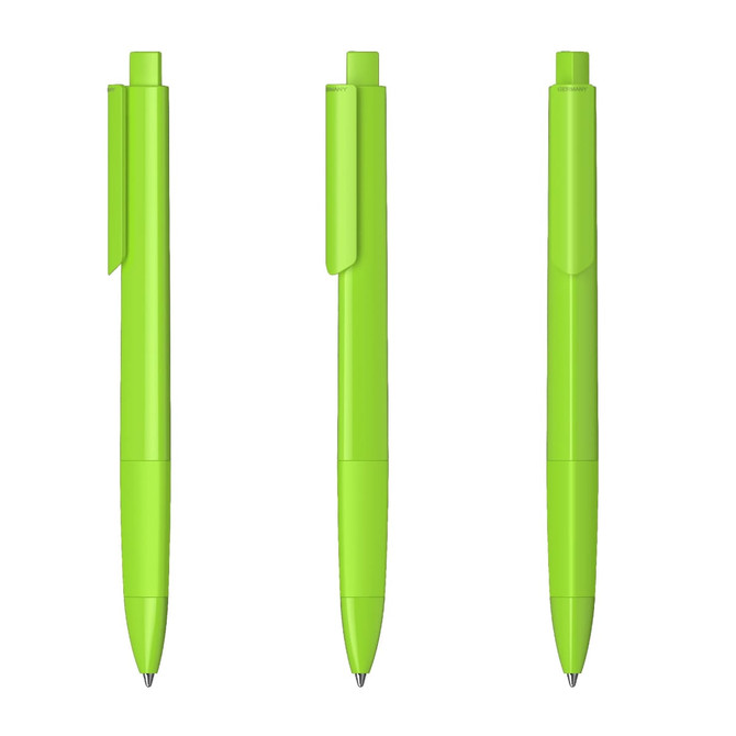 Three high-gloss plastic pens in a vibrant green colour, featuring a clip and a sleek design.