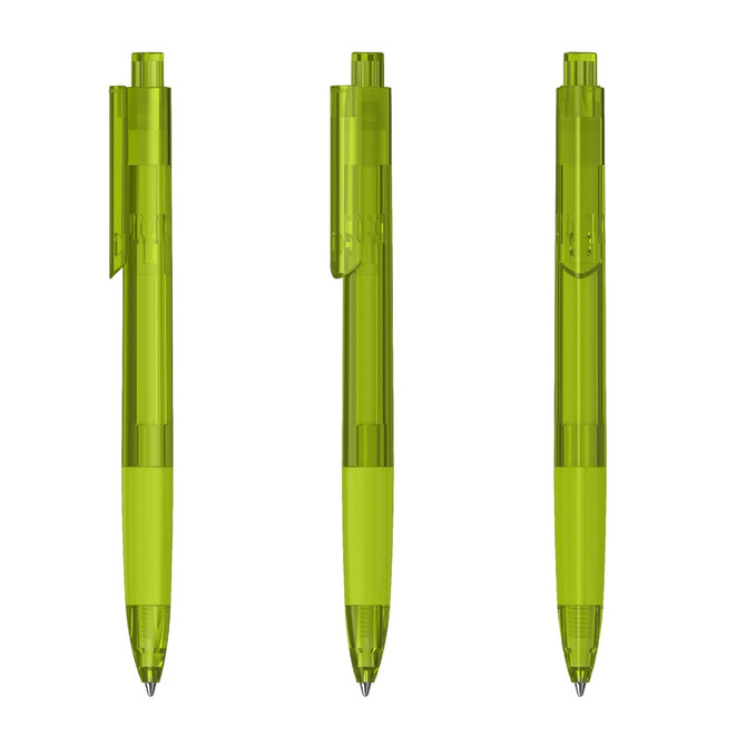 Three transparent plastic pens in vibrant green, featuring a clip and retractable mechanism, displayed from different angles.