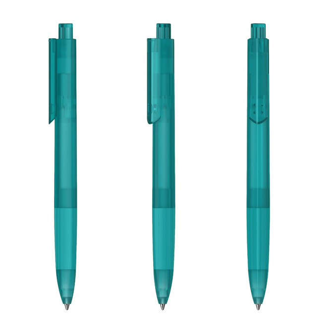 A set of three transparent turquoise pens with a clip, showcasing a sleek design. Each pen is positioned differently.