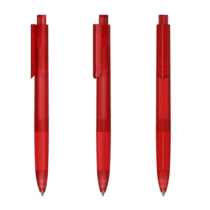 A set of three transparent red plastic pens, each with a clip and a rounded tip. The pens have a logo on the barrel.