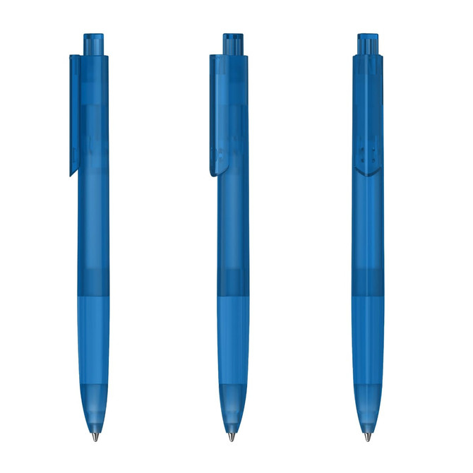 Three translucent blue plastic pens displayed from different angles, each featuring a clip and a rounded tip.