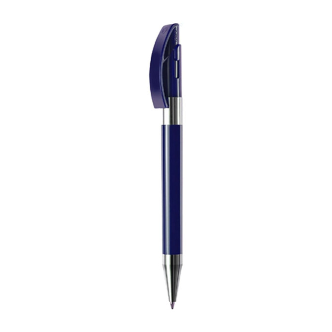 A metal pen in a deep blue colour with a shiny silver tip and clip, featuring a branding logo.