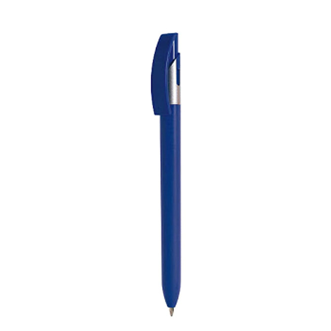 A blue plastic pen with a silver clip and a smooth barrel. Includes a logo on the side.