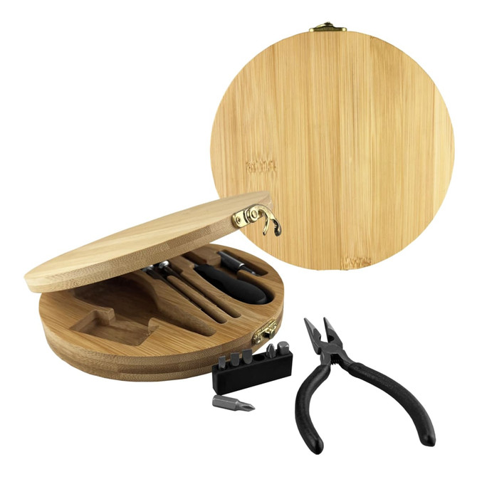 A bamboo toolkit in a circular case containing various tools including pliers and screwdriver bits, featuring a logo.