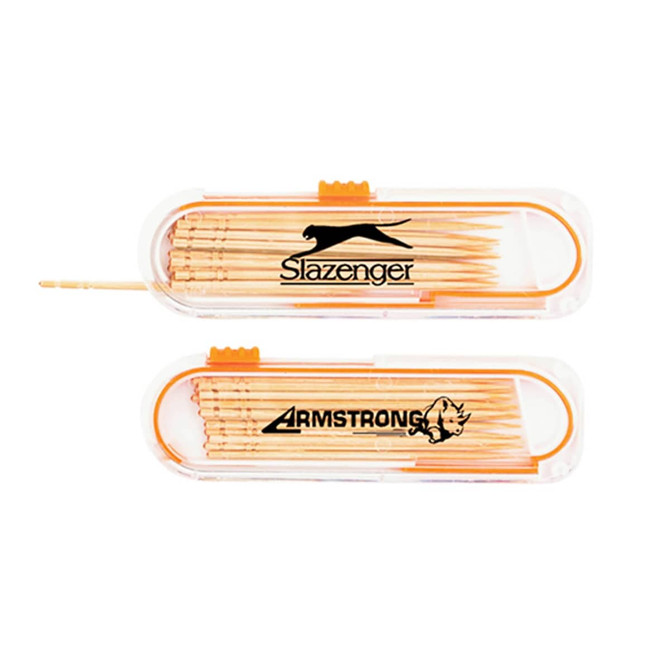A transparent case containing wooden toothpicks, featuring orange accents and logos on the exterior.