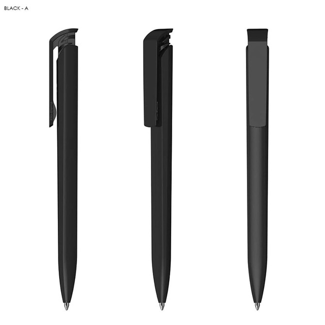 A black plastic pen with a high gloss finish, shown from three different angles. It features a clip and has branding.
