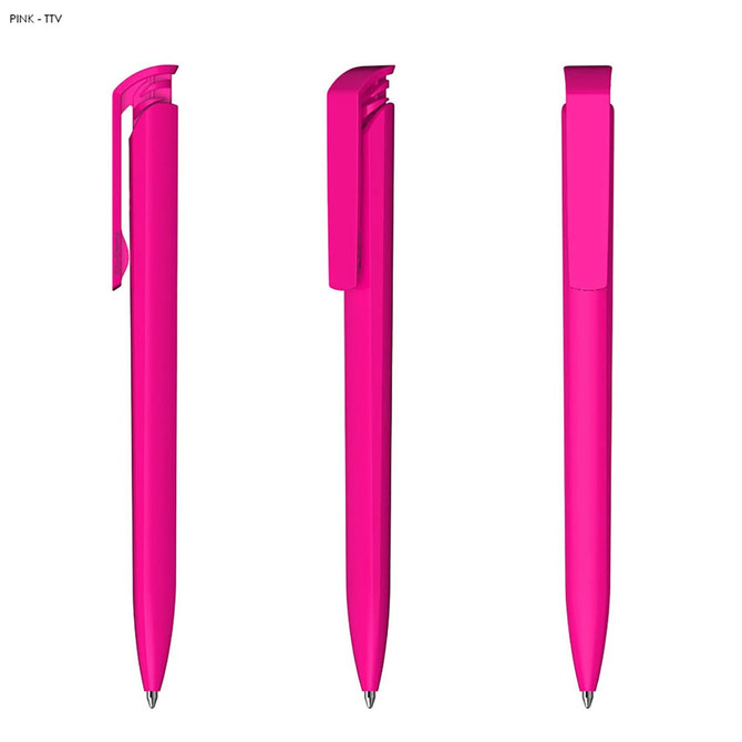 A plastic pen in vibrant pink, featuring a clip and smooth body design. The pen has a shiny, high gloss finish.