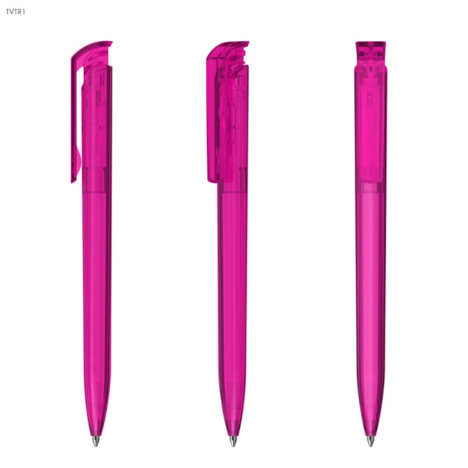 A set of three vibrant pink plastic pens, detailing different angles, featuring a simple design and a logo.