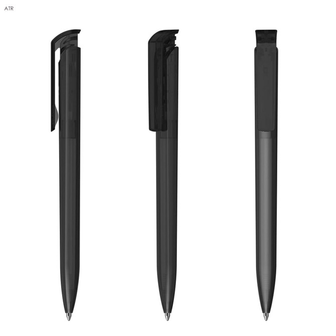A set of three black plastic pens with a sleek design and clip, featuring a logo on the side.
