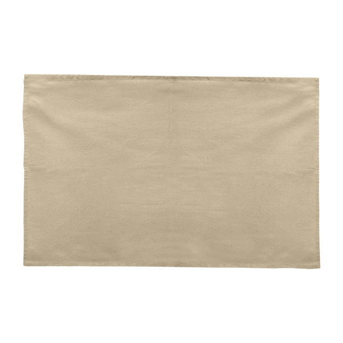 A beige cotton tea towel with a plain surface, featuring a logo in one corner.