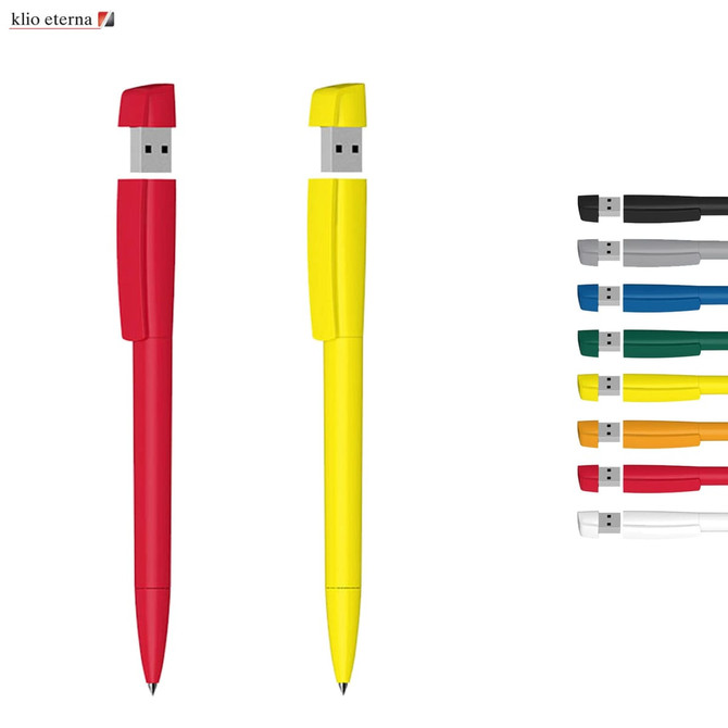 A USB pen in red and yellow, featuring solid plastic designs, alongside a variety of other coloured USB pens.