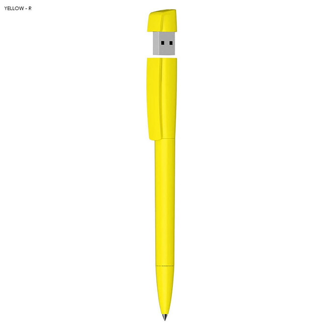 A yellow USB pen with a solid plastic design, featuring a removable cap and a built-in flash drive.