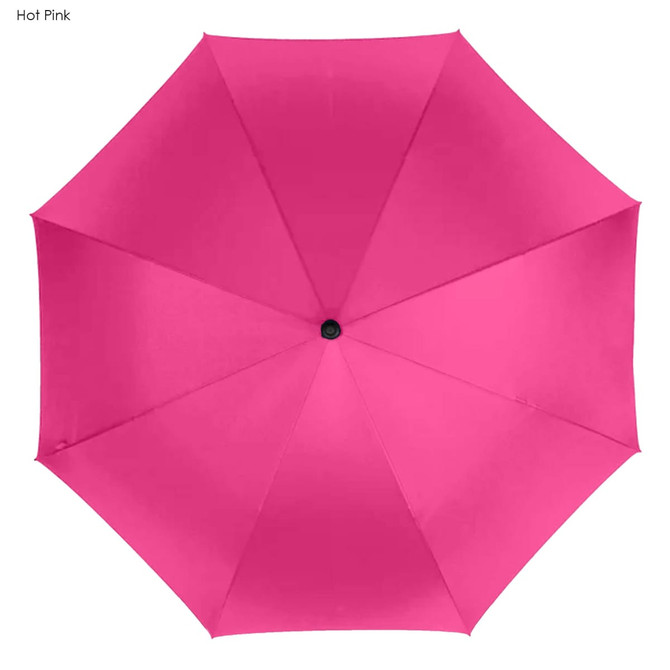 A hot pink golf umbrella with a black centre button, featuring eight panels and a sleek design.