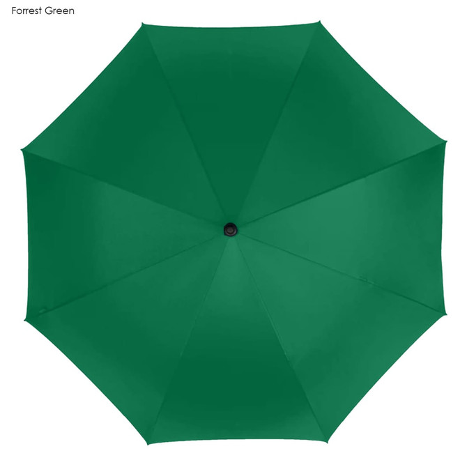 A dark green golf umbrella featuring a simple design and a central black button.