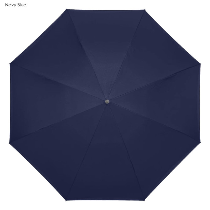 A navy blue inverted umbrella with an octagonal shape and a central button. It features a branding logo.
