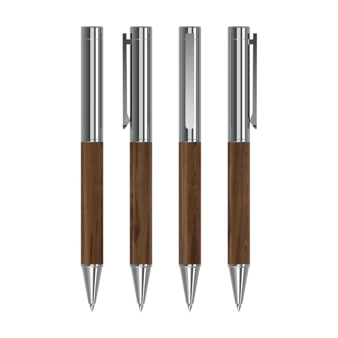A set of four metal pens with wooden grips, featuring a glossy silver finish and a subtle logo.