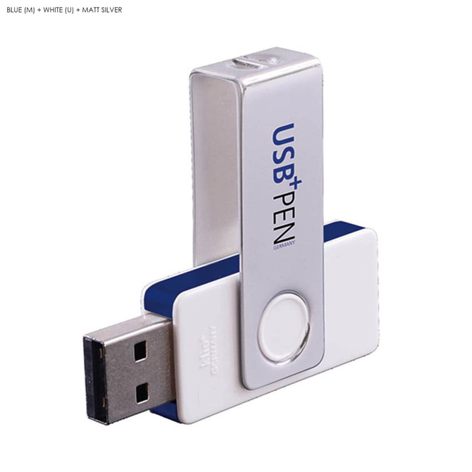 A USB flash drive with a metal clip, featuring a matte silver and white design. It includes a logo.