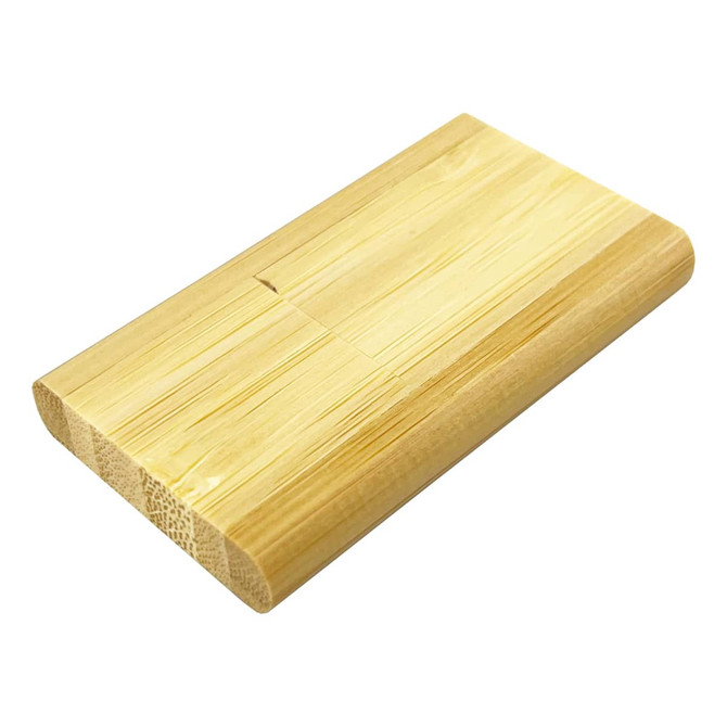A bamboo USB flash drive in a sleek, rectangular design, with a natural wood finish. Features a branding logo.