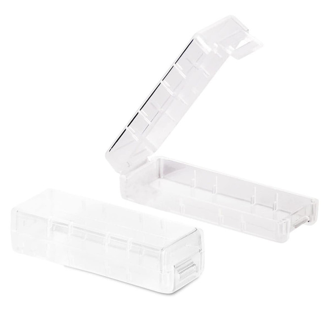 A clear USB drive case with an open lid and a textured design, featuring a logo on the side.