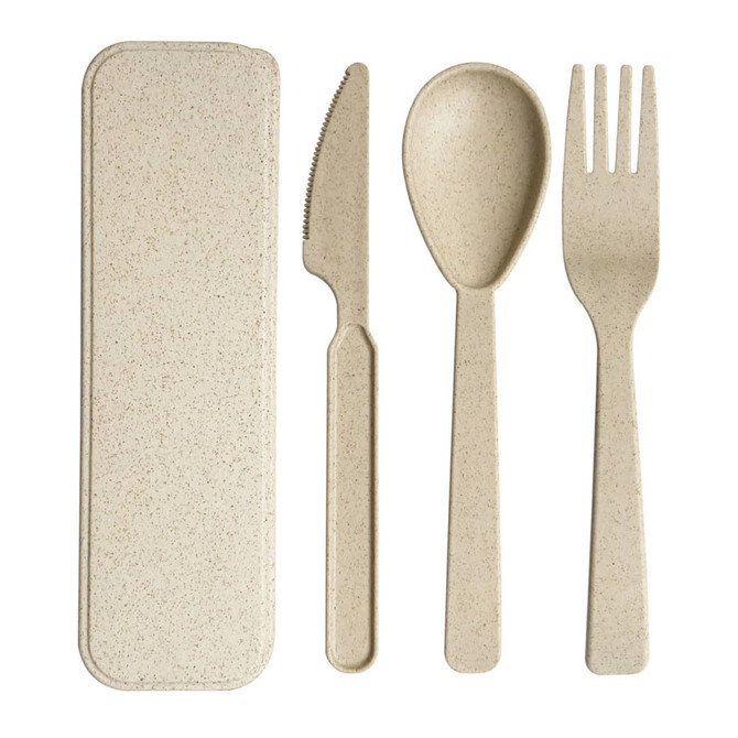 A set of beige wheat straw utensils including a knife, spoon, and fork, housed in a matching case.