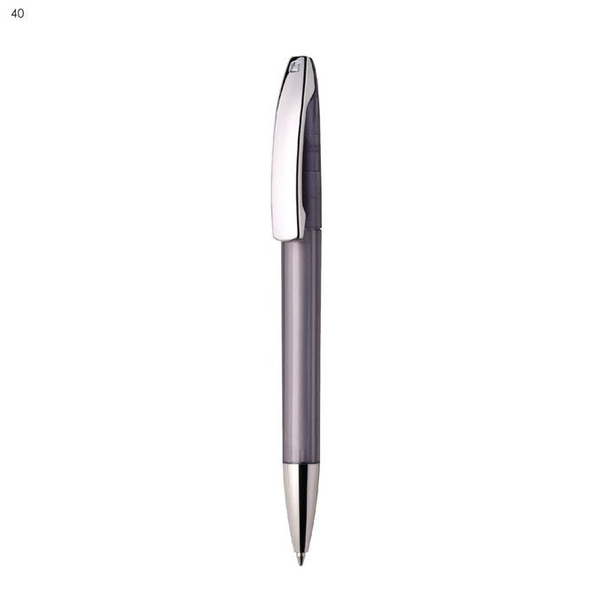 A plastic pen in a transparent grey body with a silver clip, featuring a logo on the barrel.