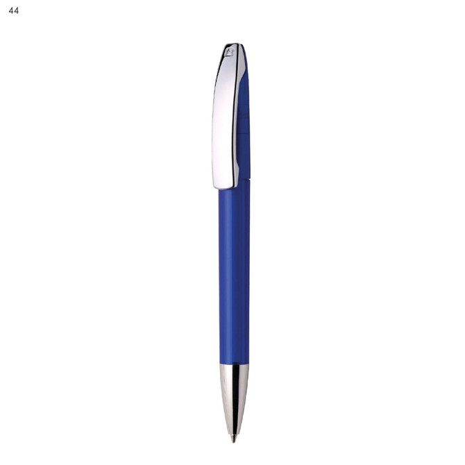 A plastic pen in blue with a silver clip and detailing, featuring a branding logo.