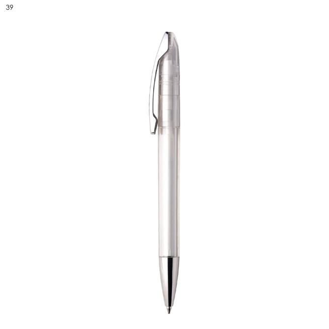 A clear plastic pen with a silver tip and clip, featuring a simple design and a transparent barrel.