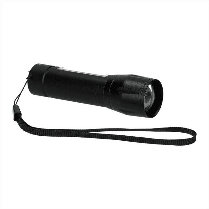 A compact black rechargeable flashlight with a wrist strap, featuring a bright 50 lumen light.