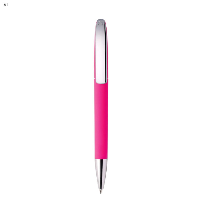A pink metal pen with a shiny silver clip, featuring a logo on the clip.