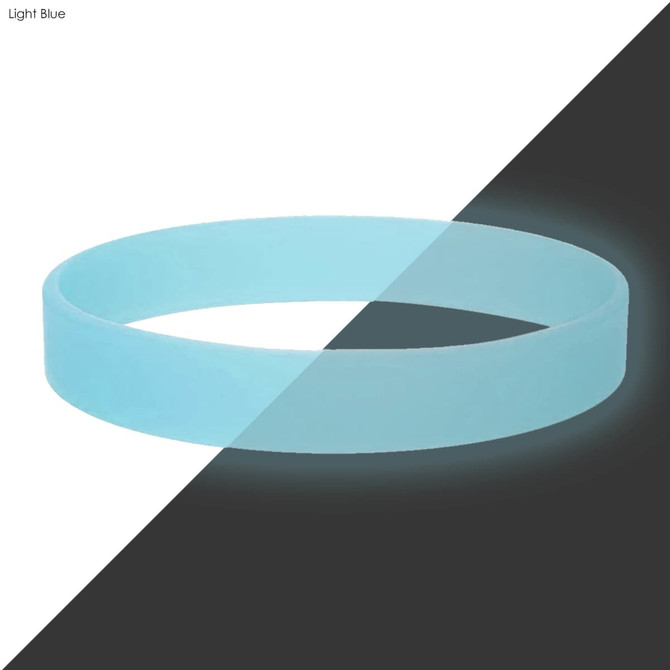 A light blue silicone wristband with a glowing effect, featuring a smooth surface and a logo.